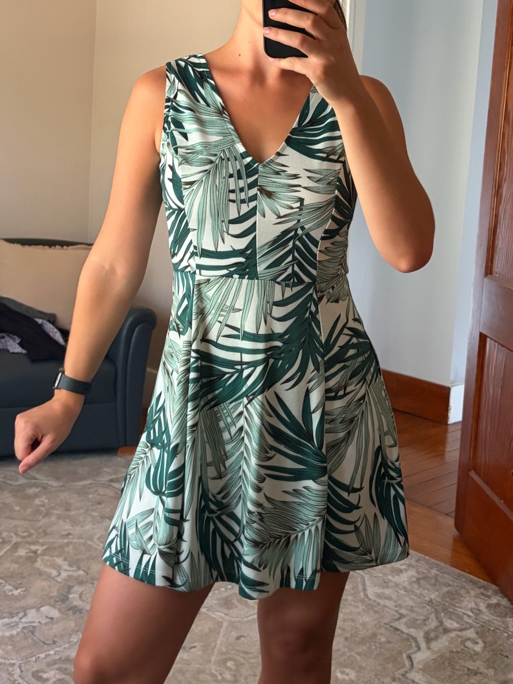 H&M White Mini Dress with Green Tropical Leaf Print